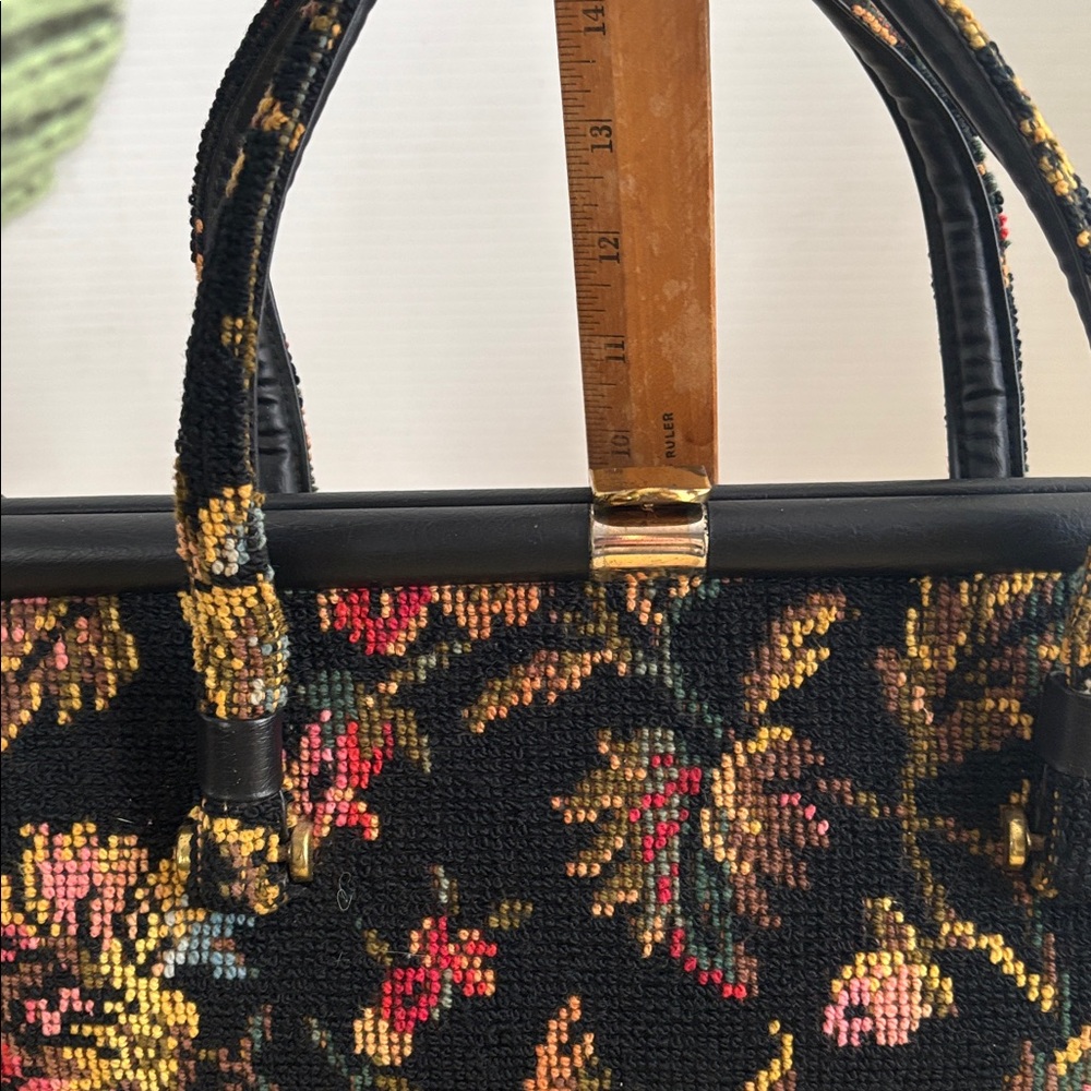 Vintage Black Needlepoint Carpetbag Pocketbook Purse - Picture 8 of 10